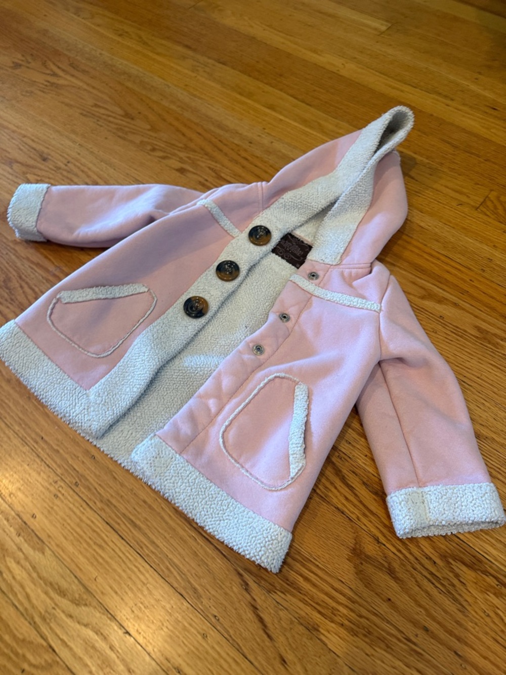 2T Suede Jacket Pink Hooded Pea Coat with Cream Sherpa Trim